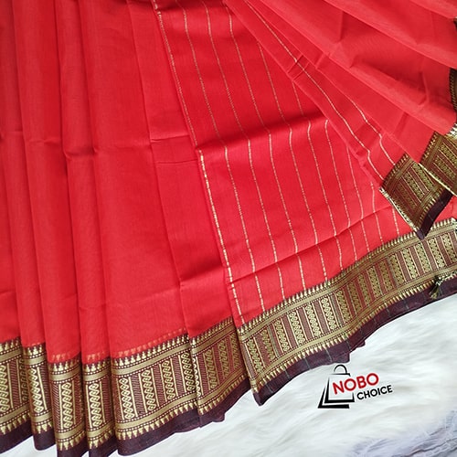 আড়ং হাফ সিল্ক লাল সুতি শাড়ি