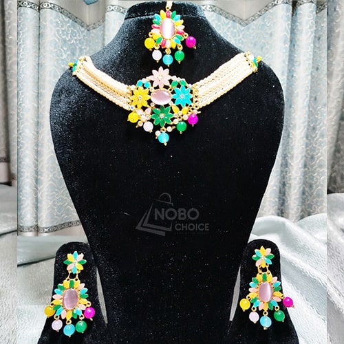 মাল্টি কালার ফ্লোরাল নেকলেস সেট – কানের দুলসহ ট্রেন্ডি ডিজাইন