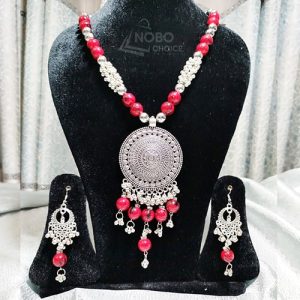 সিলভার রেড অ্যান্টিক নেকলেস সেট | Premium Quality Jewellery