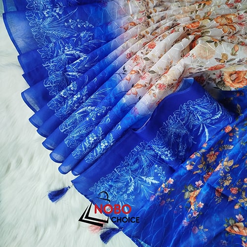 রয়েল ব্লু ডিজিটাল প্রিন্ট চান্দুরি সিল্ক শাড়ি – ফ্লোরাল ডিজাইন কালেকশন