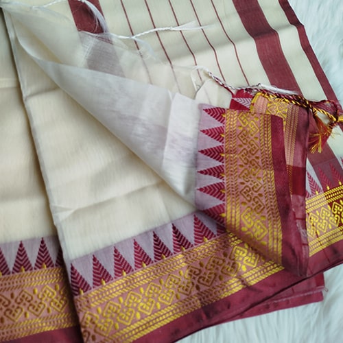 অফ হোয়াইট ম্যারুন সেমি মসলিন সিল্ক সুতি শাড়ি