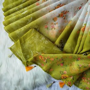 ফ্লোরাল এলিগেন্স অলিভ গ্রিন ডিজিটাল প্রিন্ট চান্দুরি সিল্ক শাড়ি