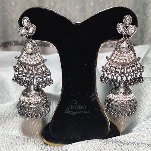 রুপালি ঝুমকা ডিজাইন স্টোন সেট কানের দুল | Premium Dul