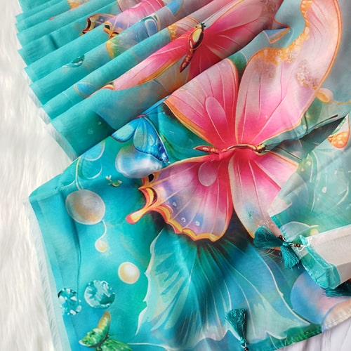 বাটারফ্লাই ড্রিম অ্যাকোয়া ব্লু ডিজিটাল প্রিন্টেড চান্দুরি সিল্ক শাড়ি